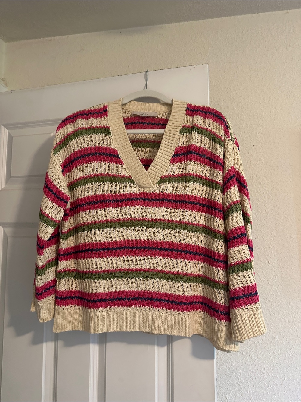LOFT Cream V-Neck Sweater with Pink & Olive striped cropped sweater